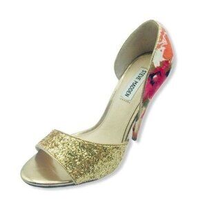 Steve Madden Delacaci D'Orsay Shoes Open Toe Cone Heels 8 Gold Glitter Floral